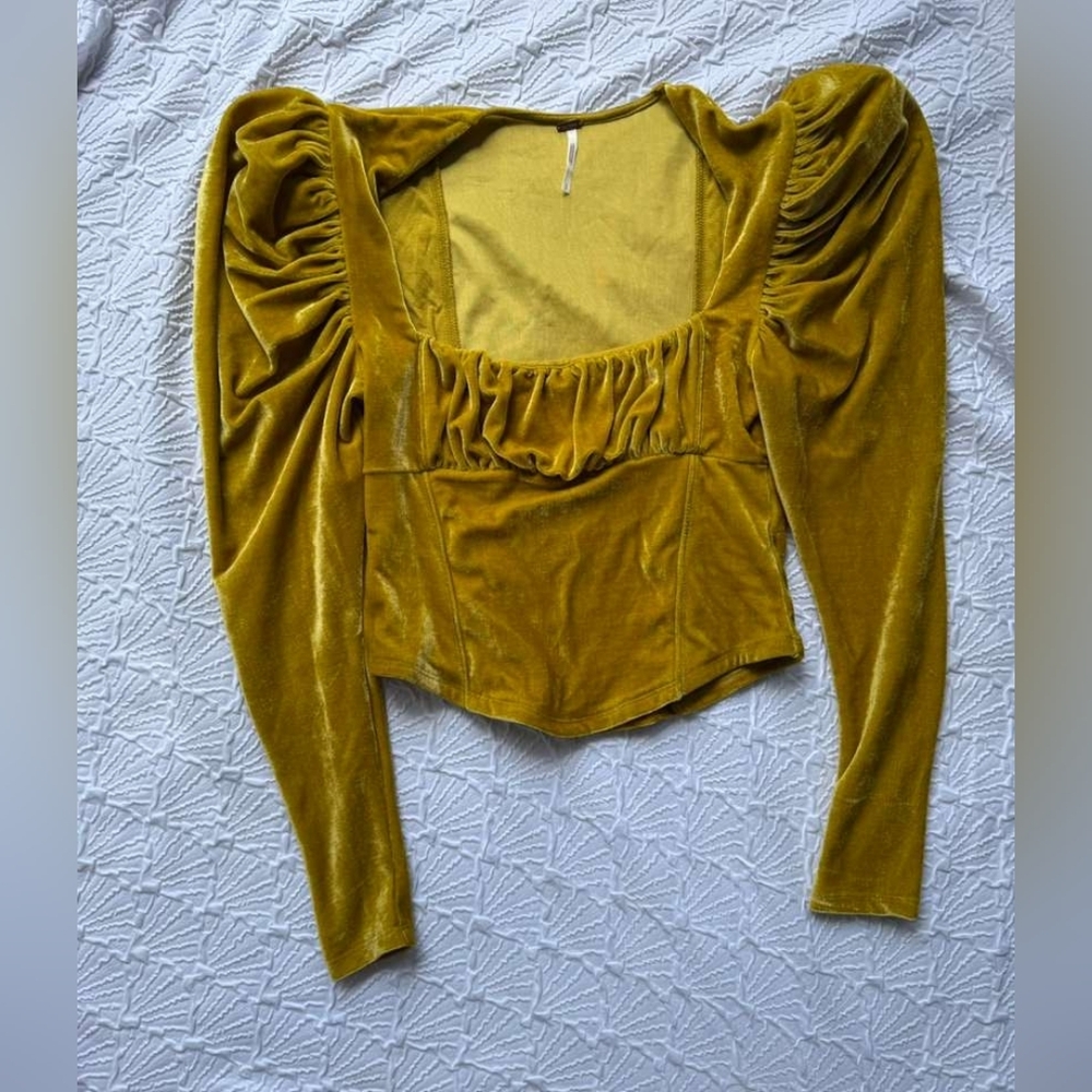 Free People Velvet Puff-Sleeve Square Neck Top in Mustard
